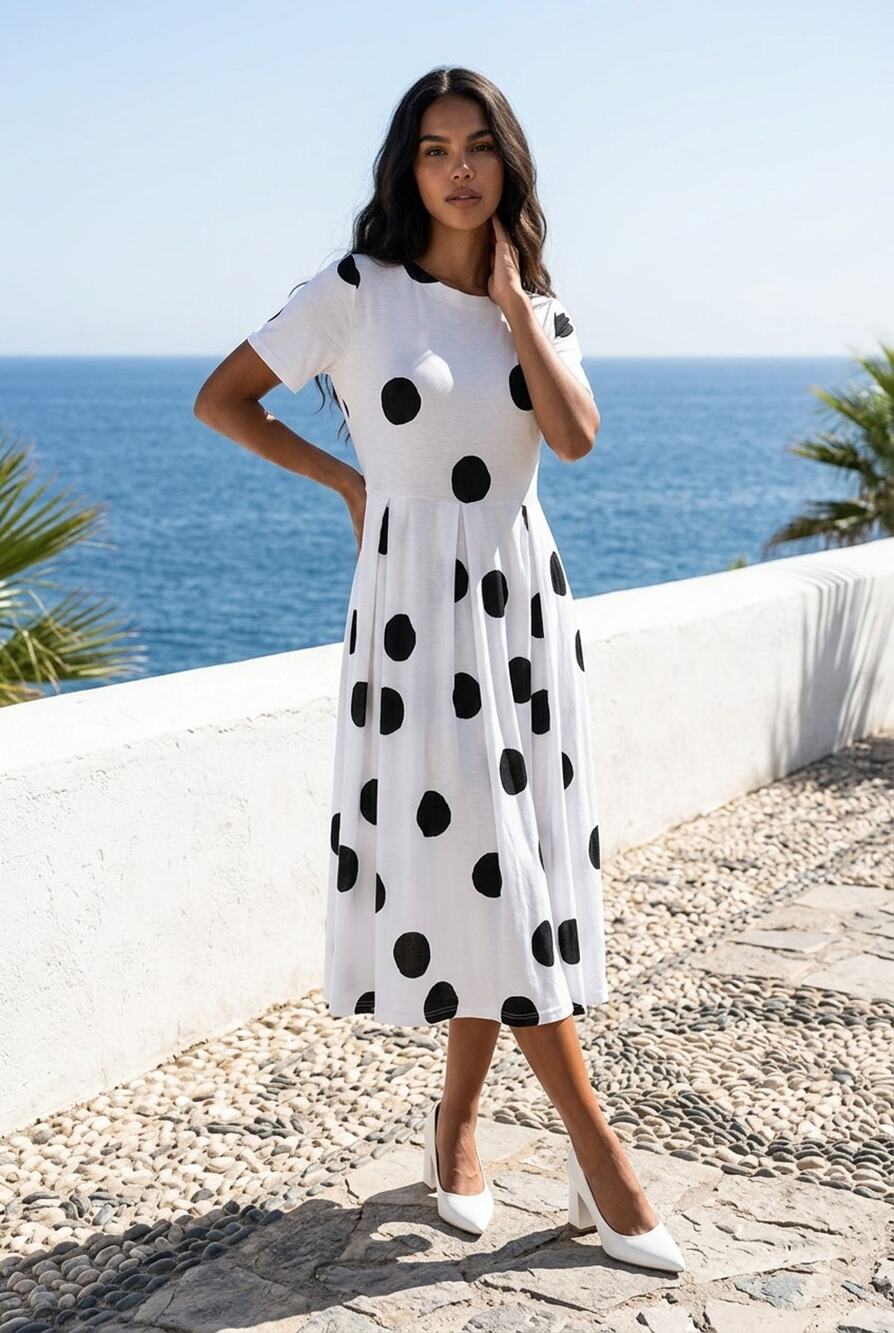 Women's Polka Dot Print Dress White And Black Sz Small Long Dress